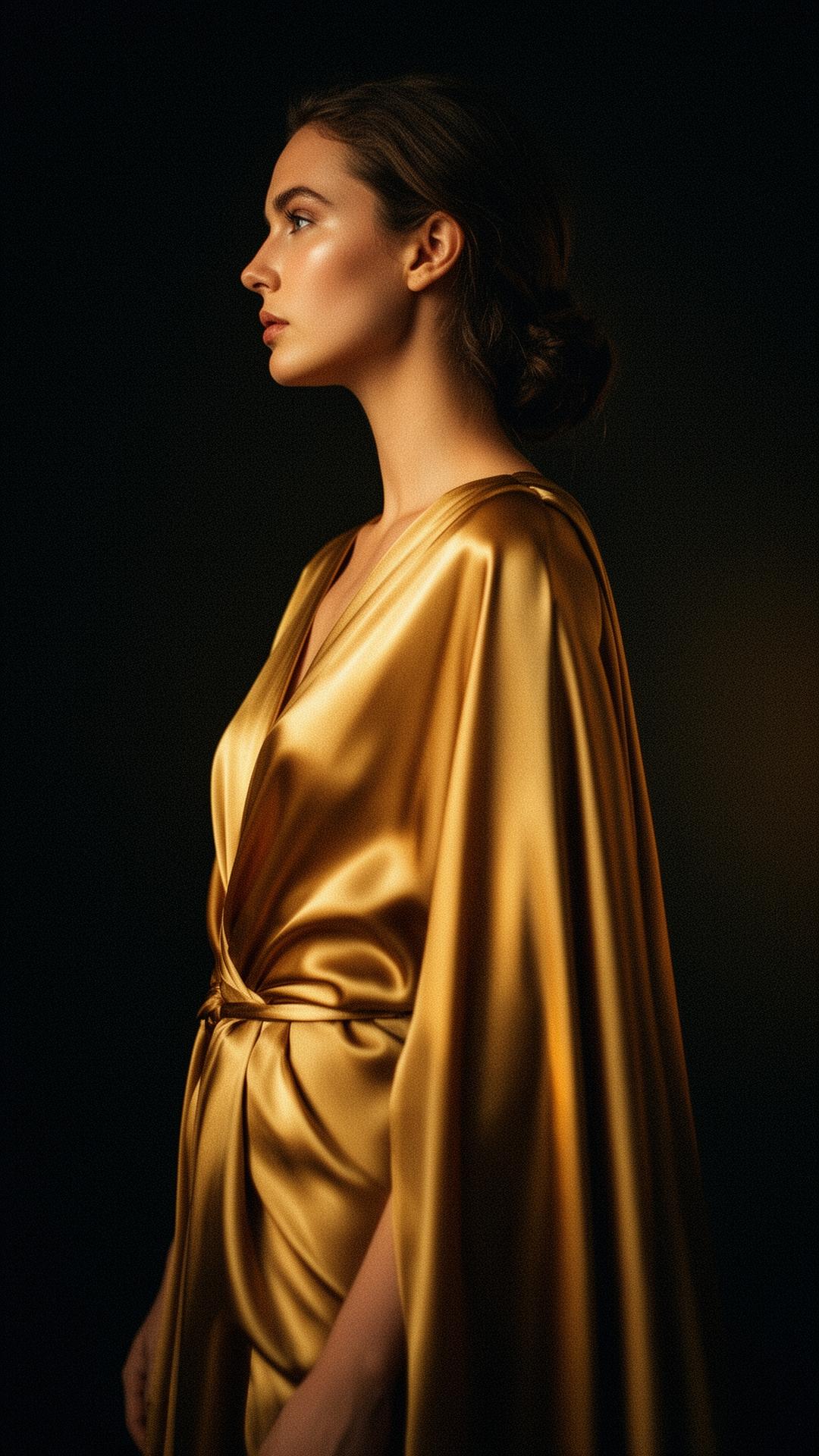 Elegant woman in flowing gold silk